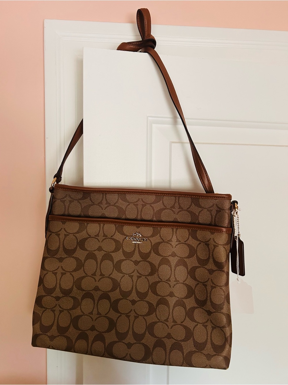Coach Brown Signature Canvas Shoulder Bag with Leather Trim